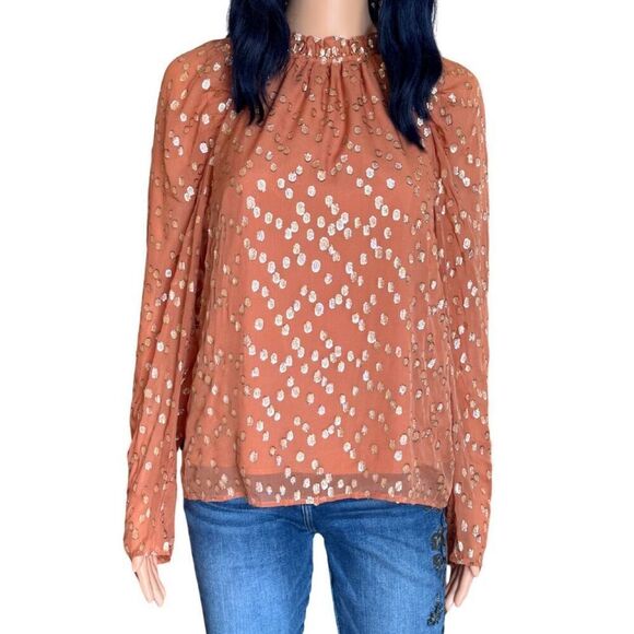 NWT Marie Oliver Layla Orange Gold Metallic High Neck Blouse - Picture 2 of 7